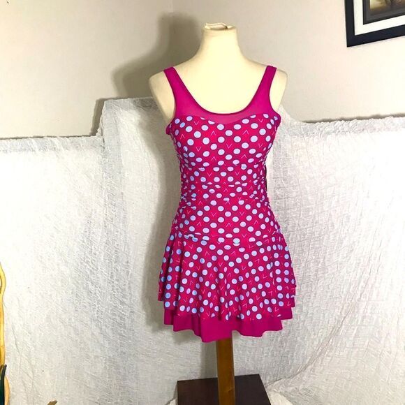 Sanqi NWT Pink & Blue Polka-Dot Swimdress Size L - Picture 1 of 8